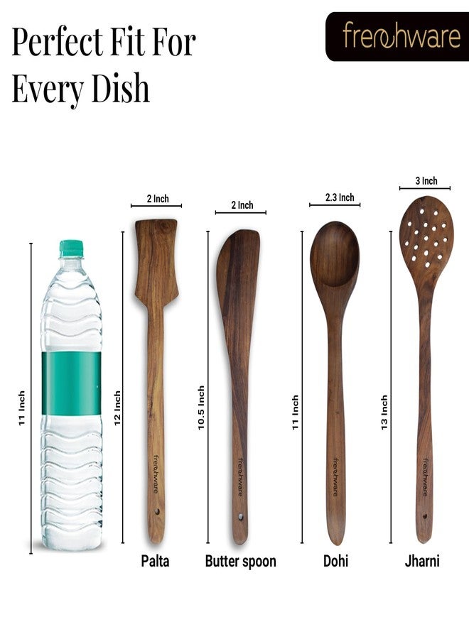 أدوات فرنسية ملاعق وملاعق مسطحة من خشب الشيشام النقي من فرنش وير (مجموعة من 4 قطع، بني) لأواني الطهي غير اللاصقة، تُستخدم للطهي والخبز والخلط، بتصميم سلس - Image 4